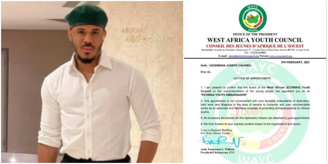 Fans react as BBNaija's Ozo becomes ECOWAS youth ambassador, flaunts appointment letter Fans react as BBNaija's Ozo becomes ECOWAS youth ambassador, flaunts appointment letter