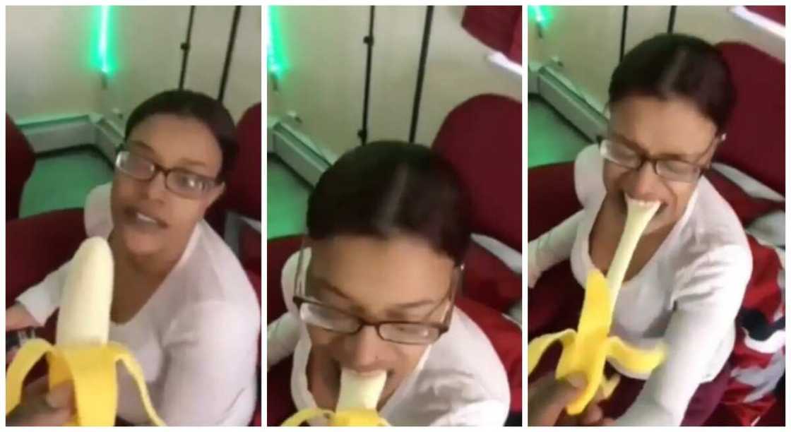 The lady bit the banana with relish, but it dragged back and slapped her face. The lady bit the banana with relish, but it dragged back and slapped her face.