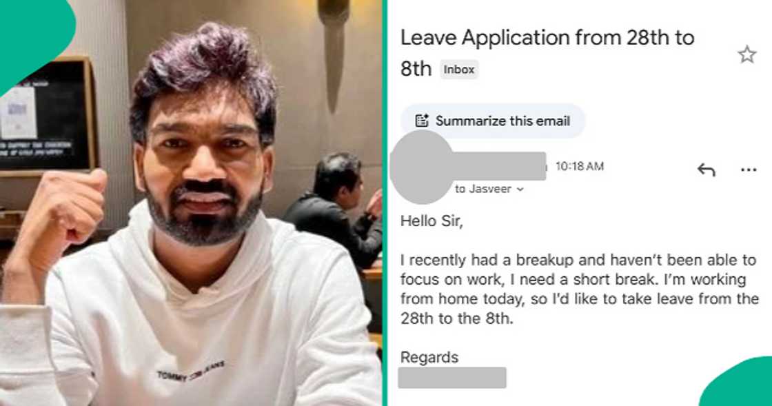 Indian man displays the email he received from an employee requesting leave.