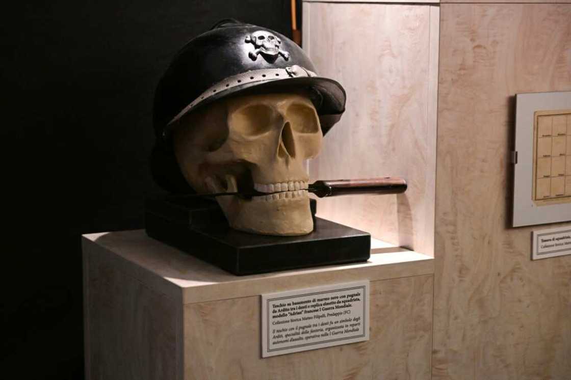 The skull of a soldier in the 'O Roma o Morte' exhibition The skull of a soldier in the 'O Roma o Morte' exhibition