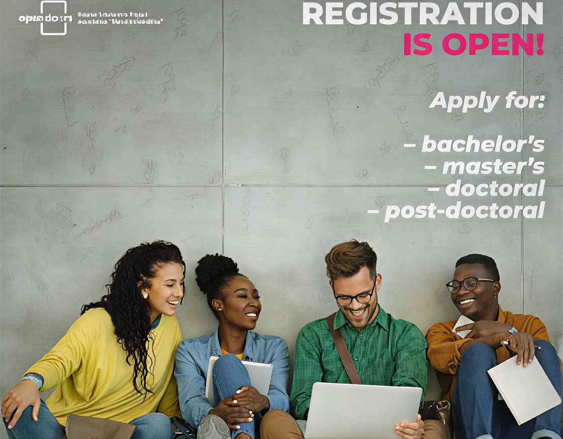 An advertisement poster for the Open Door Russian Scholarship with four diverse young adults sitting together on a floor.