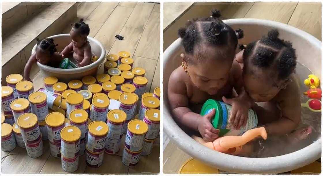 Photos of twin babies and the tins of milk they consumed in six months.