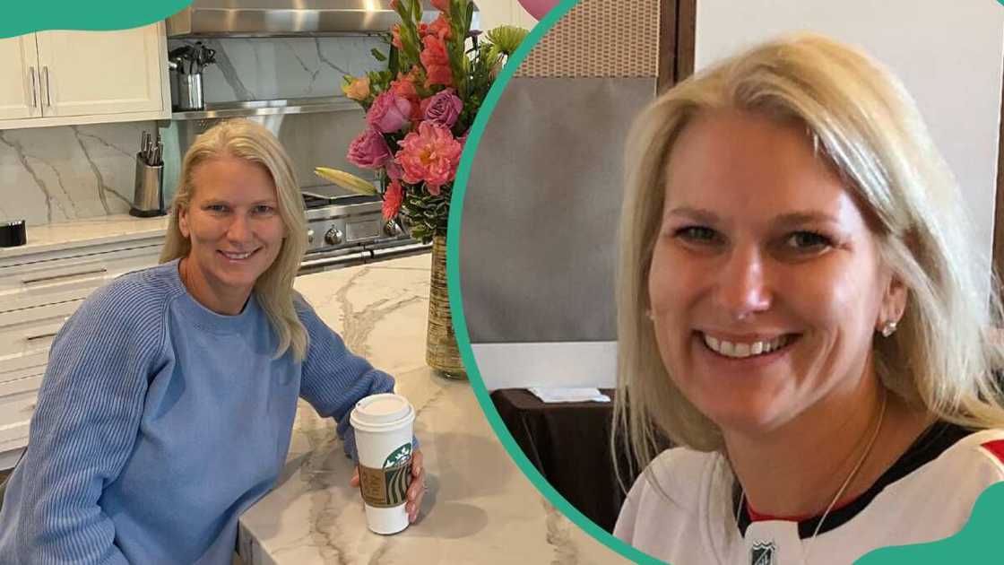 Chantal Oster holds a Starbucks mug (R) and her smiling in a NHL jersey (L)