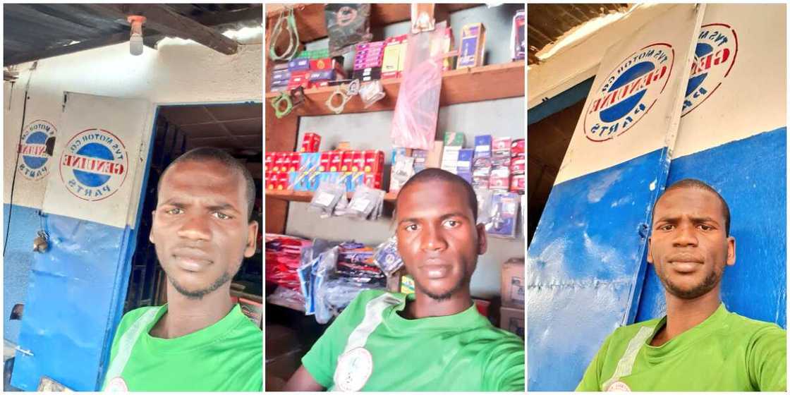 Young Man Opens Spare Parts Business, Takes Selfie with His Shop, Nigerians React Young Man Opens Spare Parts Business, Takes Selfie with His Shop, Nigerians React