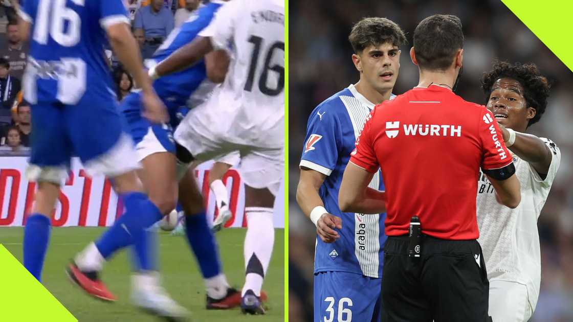 Real Madrid's Endrick kicked his opponent in the crotch area during his side's 3-2 win against Alaves. Photos by @TheEuropeanLad/X and Gonzalo Arroyo Moreno/Getty Images.