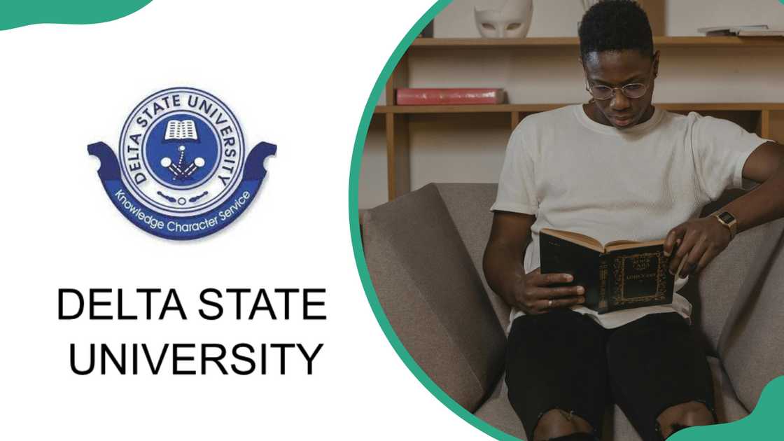 The DELSU logo and a young man in a cream tee and black pants reading a book