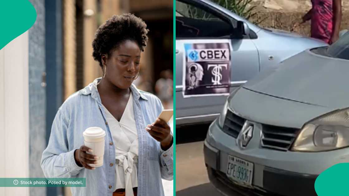 Lady blocks car with CBEX logo on road, video trends online Lady blocks car with CBEX logo on road, video trends online