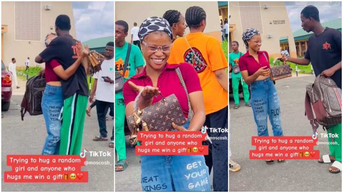 Pretty lady hugged man/Lady got new bag. Pretty lady hugged man/Lady got new bag.