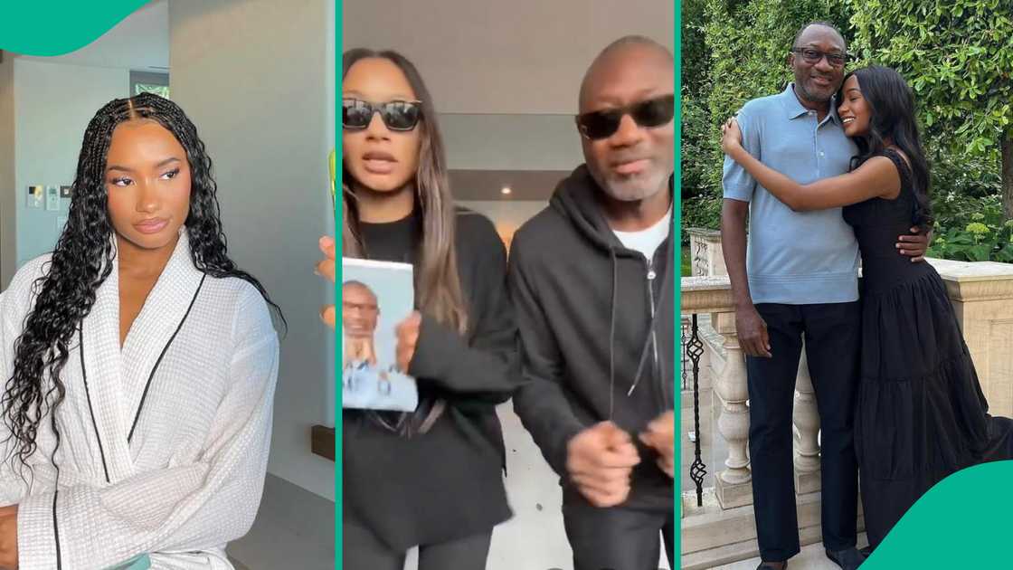 Temi Otedola and her father, Femi having fun in a TikTok video ahead of his book release. Temi Otedola and her father, Femi having fun in a TikTok video ahead of his book release.