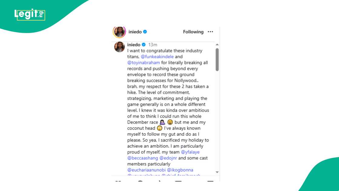 Ini Edo expresses pride in herself as Funke Akindele and Toyin Abraham break records. Ini Edo expresses pride in herself as Funke Akindele and Toyin Abraham break records.