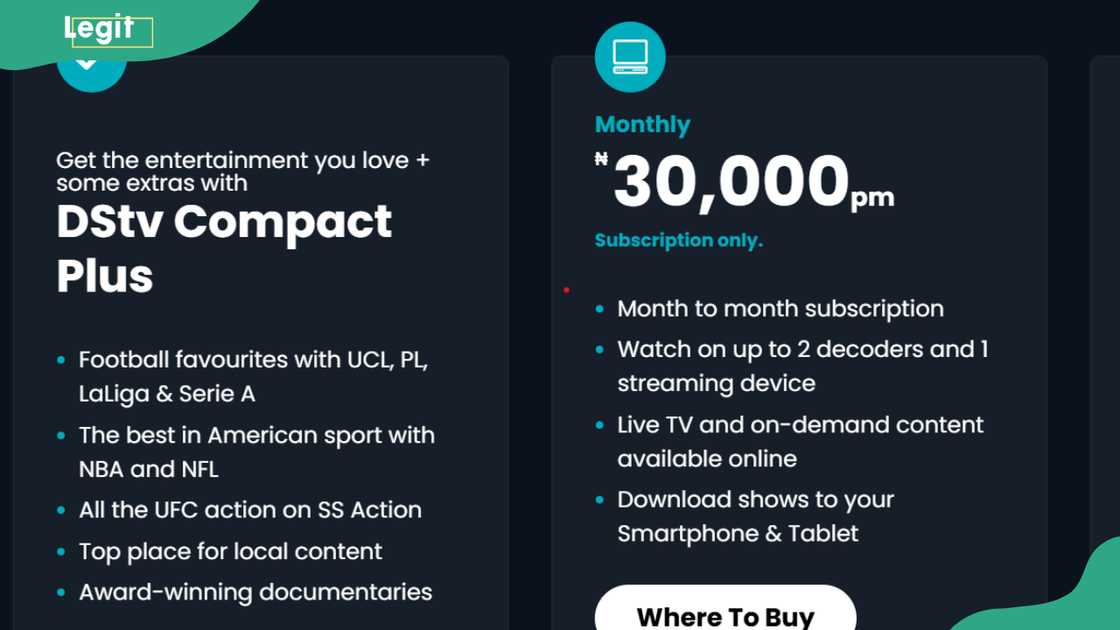 A screenshot displaying DStv Compact Plus subscription fees