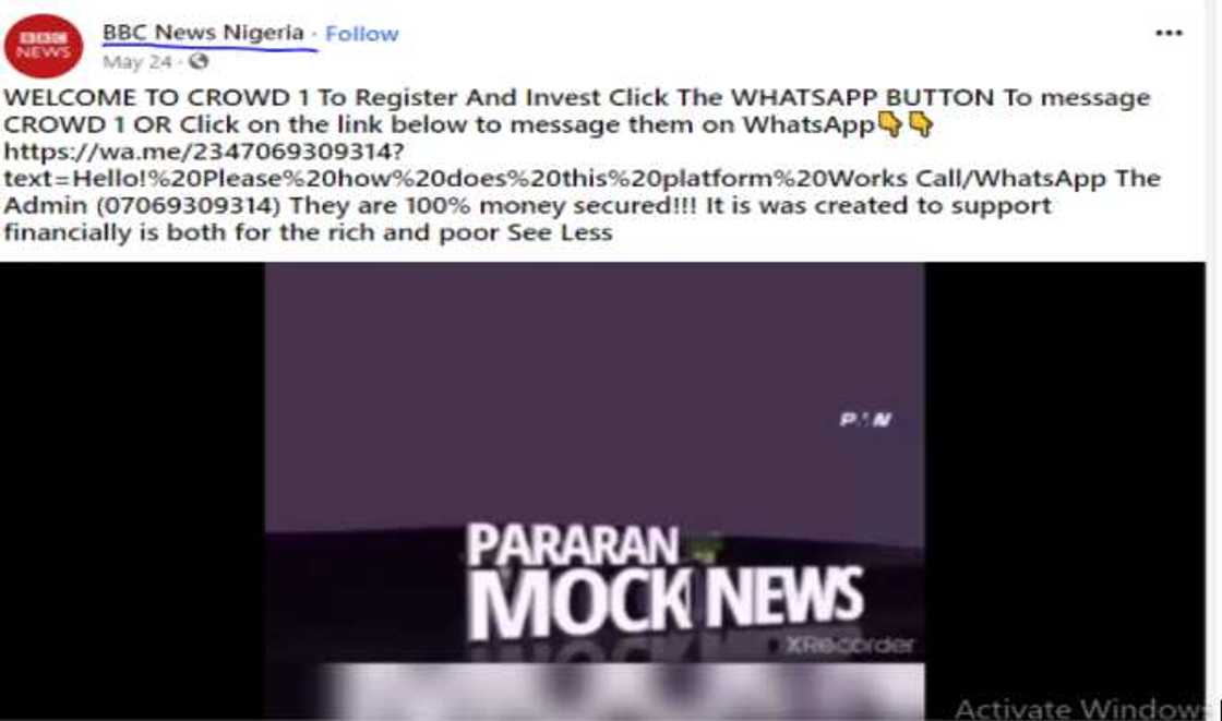 Sponsored "BBC News Nigeria" page asking people to invest for higher returns is fraudulent, fake (Fact Check) Sponsored "BBC News Nigeria" page asking people to invest for higher returns is fraudulent, fake (Fact Check)