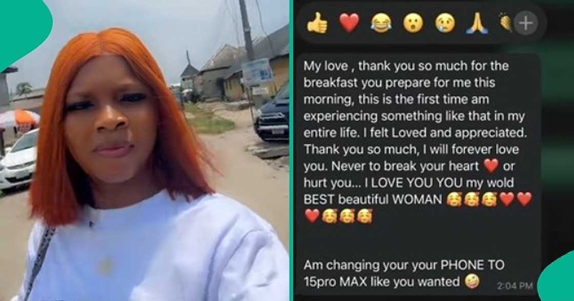 A lady who served her man breakfast in bed displays the message he sent to show appreciation. A lady who served her man breakfast in bed displays the message he sent to show appreciation.