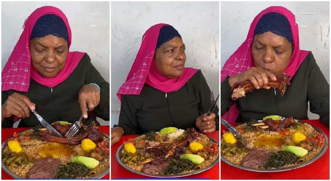 The African woman struggled to eat with fork and a knife before ditching it. The African woman struggled to eat with fork and a knife before ditching it.