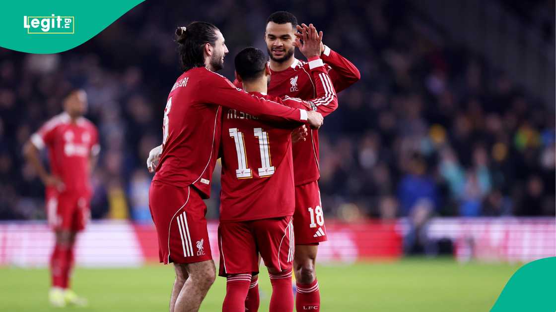 Dominik Szoboszlai, Cody Gakpo, Mohamed Salah, Liverpool, UEFA Champions League. Dominik Szoboszlai, Cody Gakpo, Mohamed Salah, Liverpool, UEFA Champions League.