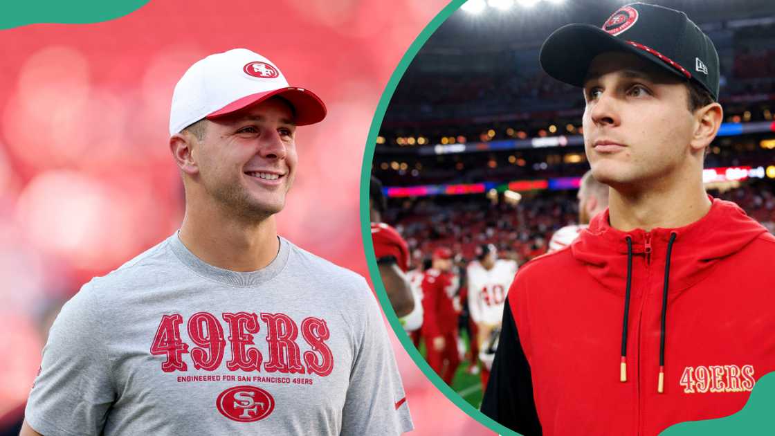 Brock Purdy looks during an NFL game (L). The American football player stands on the field after a game at State Farm Stadium (R) Brock Purdy looks during an NFL game (L). The American football player stands on the field after a game at State Farm Stadium (R)