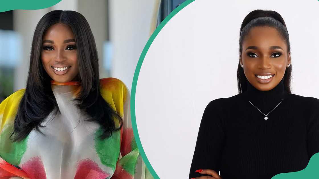 Sabrina from BBNaija, in a colourful dress, smiles as she takes a photo (L). The former model, in a black dress, looks on (R) Sabrina from BBNaija, in a colourful dress, smiles as she takes a photo (L). The former model, in a black dress, looks on (R)