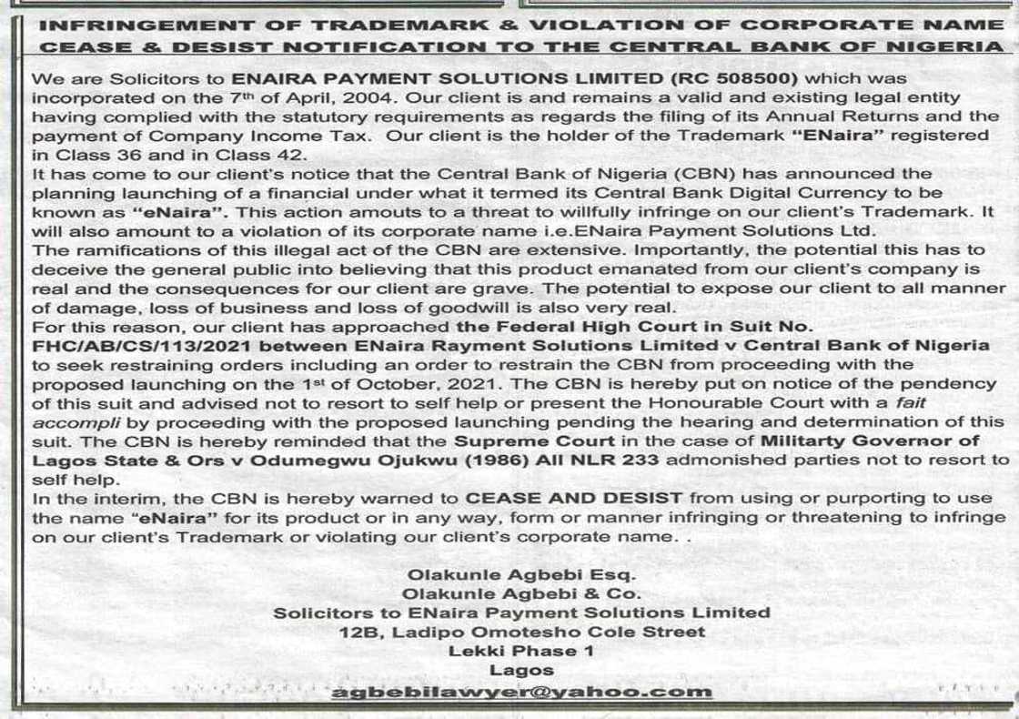 Company sues CBN for using the name ‘ENaira’ another wants N4.3m for similar domain Company sues CBN for using the name ‘ENaira’ another wants N4.3m for similar domain