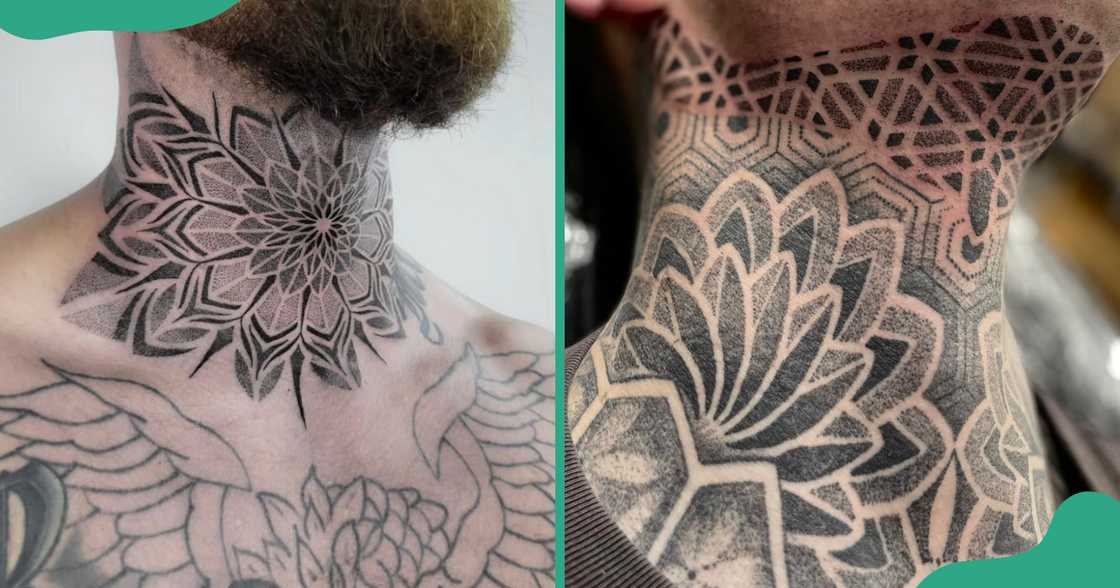 Two black and grey throat tattoos with geometric designs. Two black and grey throat tattoos with geometric designs.