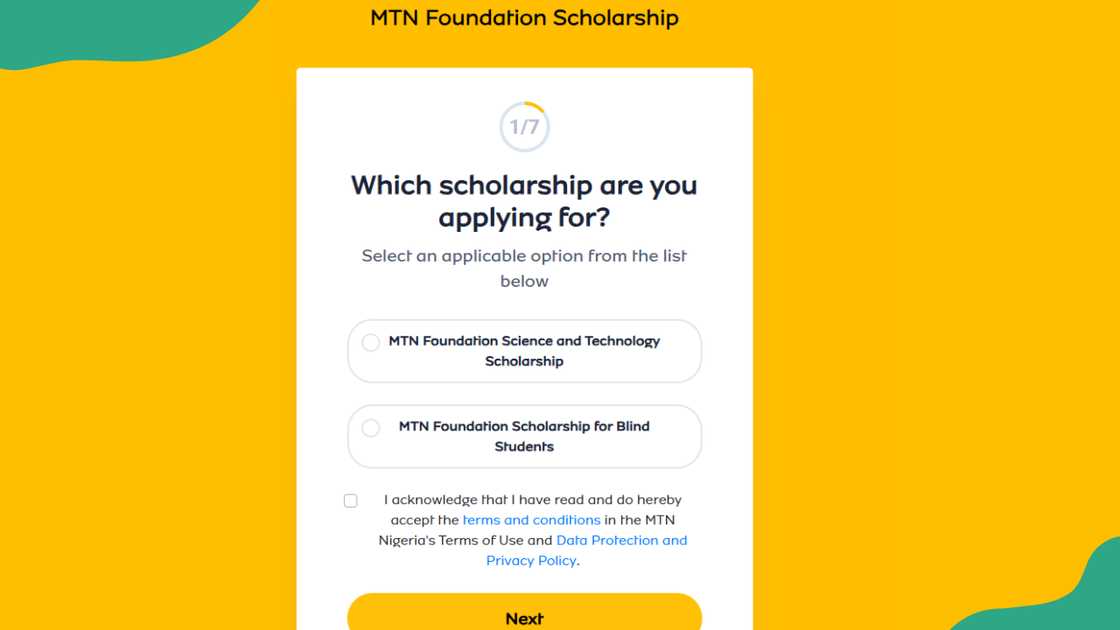 MTN Foundation scholarship portal page.