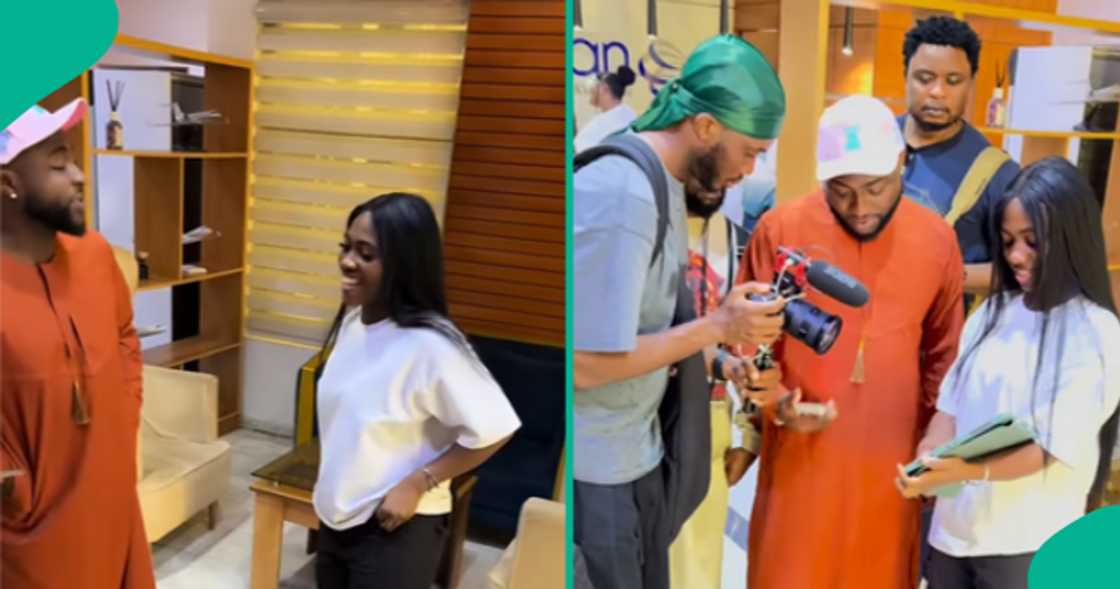 Female artist rejoices online as she meets Davido in person for the first time to present artwork to him.