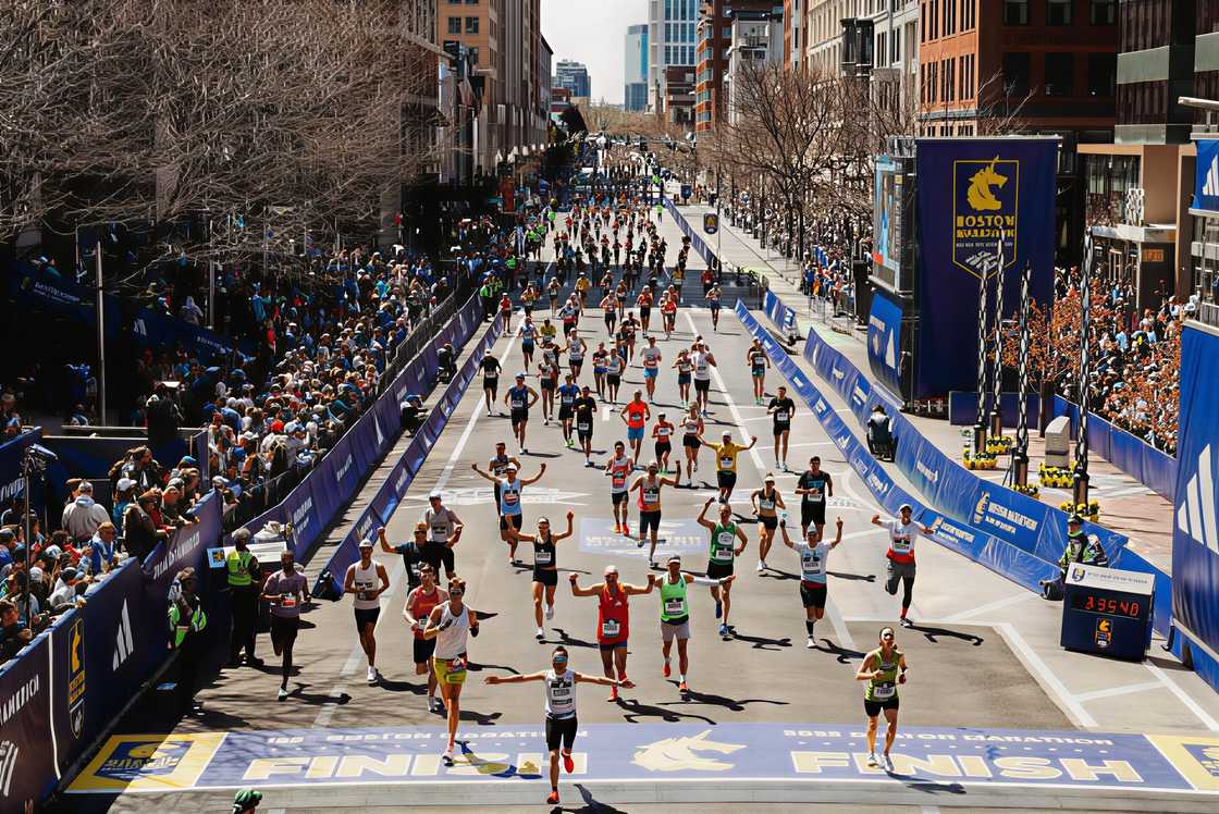 Runners at the finish line area of the Boston Marathon