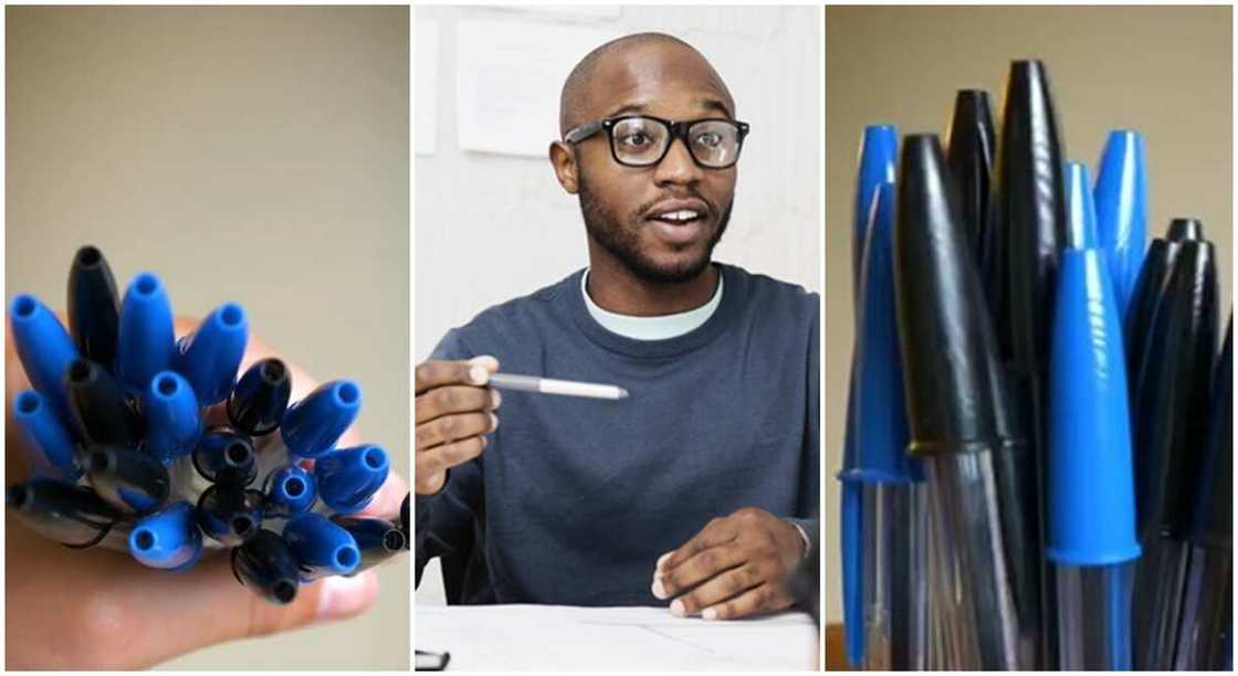Photos of pens and black man explaining a point. Photos of pens and black man explaining a point.