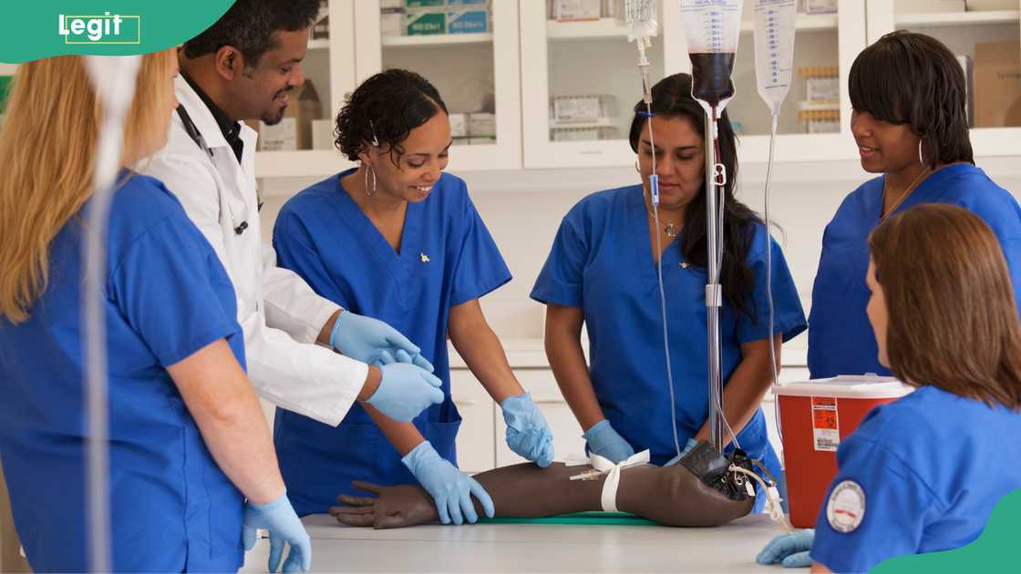 Nurses learning to insert an iv drip in hospital