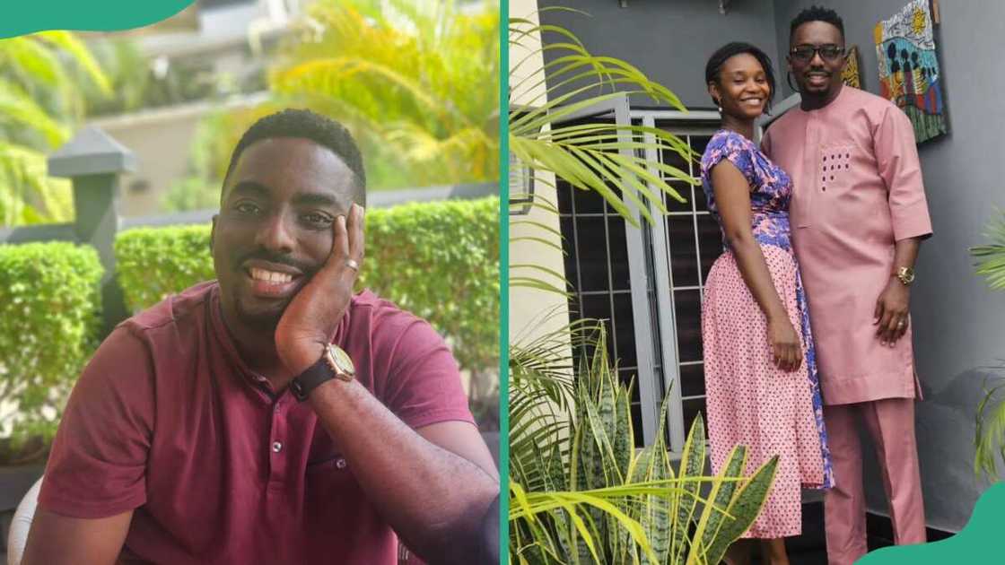 Ejimi posing for a photo holding his cheek (L) and with his wife near a glass and mesh door (R) Ejimi posing for a photo holding his cheek (L) and with his wife near a glass and mesh door (R)