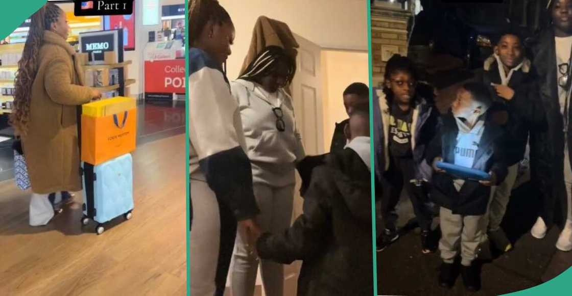 Lady celebrates as she leaves UK with her kids and belongings