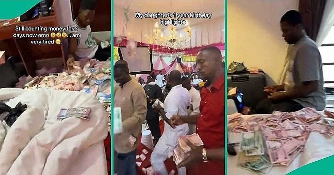 Woman displays cash from daughter's birthday Woman displays cash from daughter's birthday