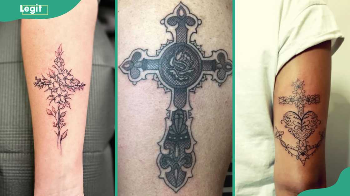 Floral cross (L), lace cross (C) and cross-heart-anchor (R) tattoos Floral cross (L), lace cross (C) and cross-heart-anchor (R) tattoos