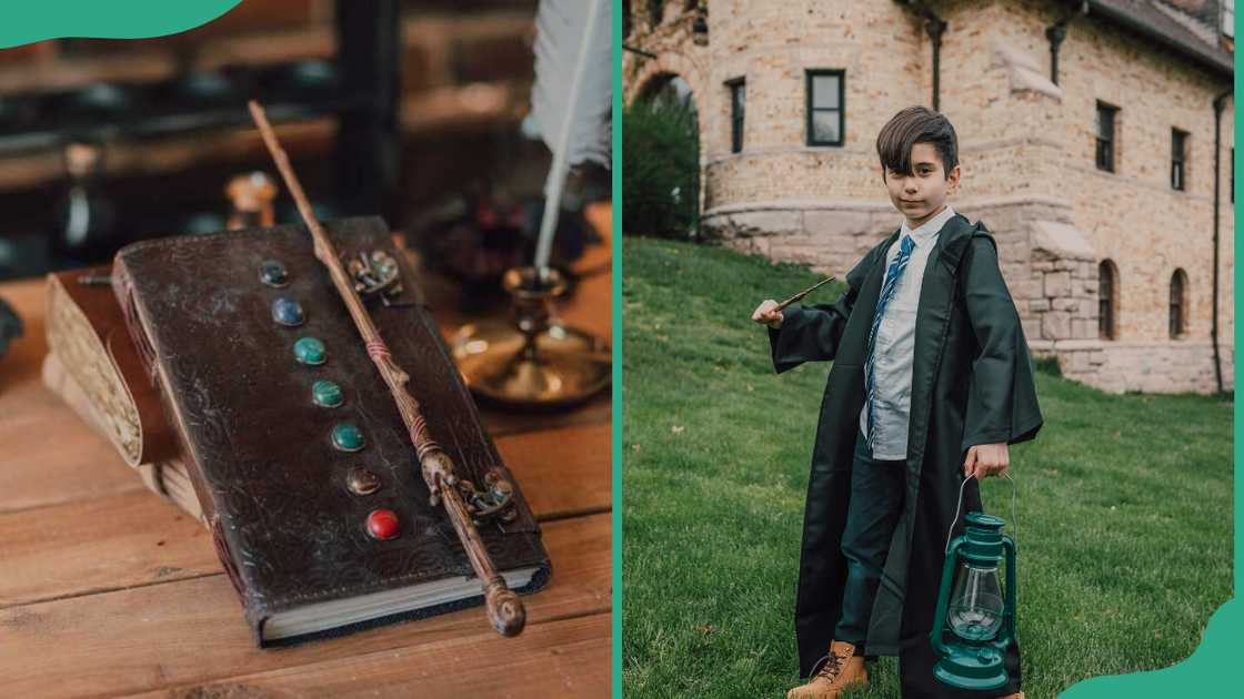 A notebook and wand and a young boy with a Harry Porter cosplay A notebook and wand and a young boy with a Harry Porter cosplay