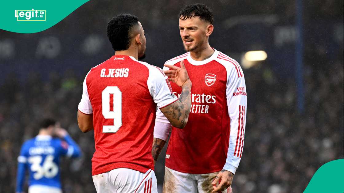 Gabriel Jesus and Ben White celebrate during the FA Cup match between Portsmouth. Photo by Stuart MacFarlane Gabriel Jesus and Ben White celebrate during the FA Cup match between Portsmouth. Photo by Stuart MacFarlane