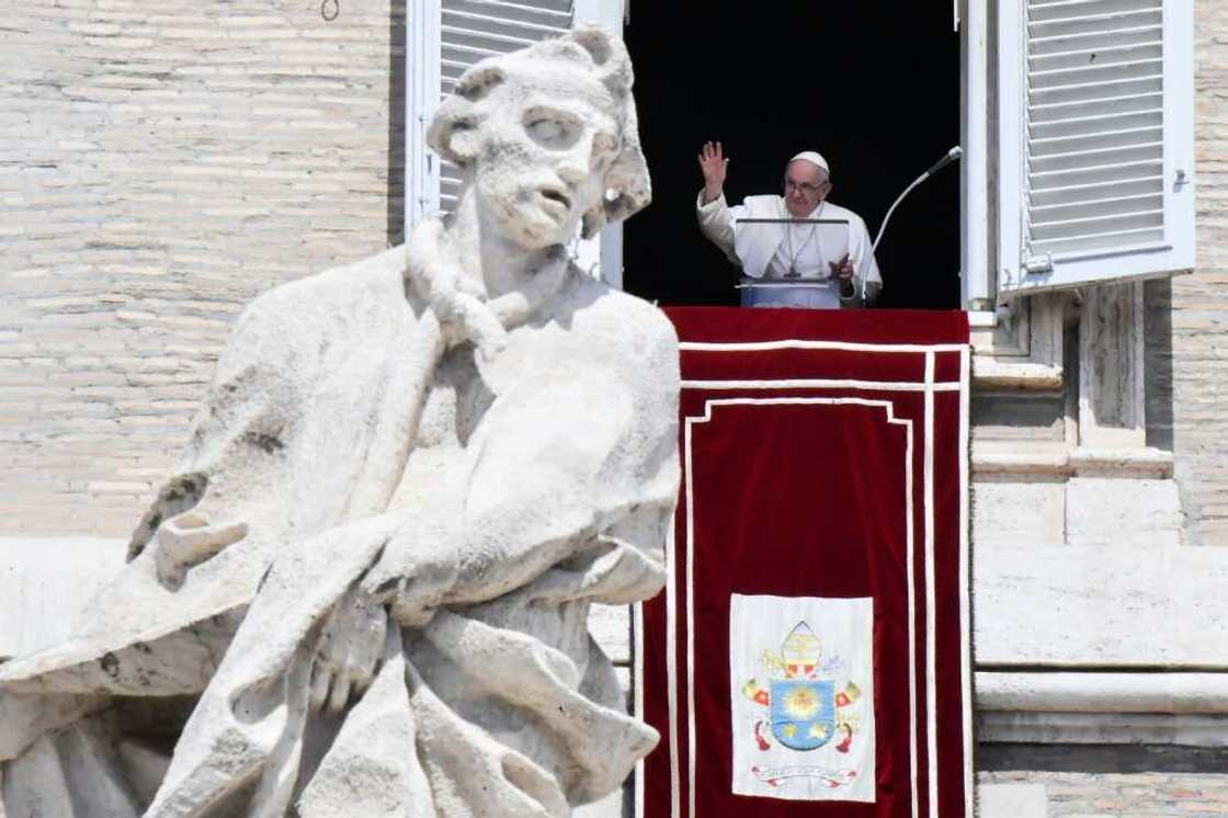 Pope Francis waves from the window of the apostolic palace on August 21, 2022 during the weekly Angelus prayer in The Vatican. Pope Francis waves from the window of the apostolic palace on August 21, 2022 during the weekly Angelus prayer in The Vatican.