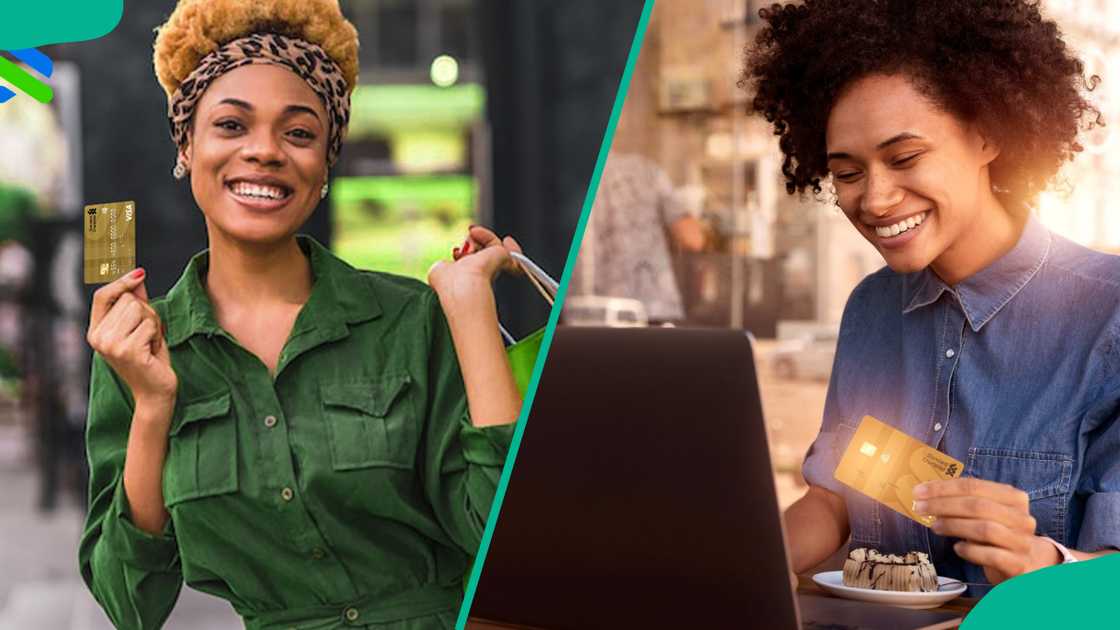 Happy women holding a Mastercard Gold debit card. Happy women holding a Mastercard Gold debit card.