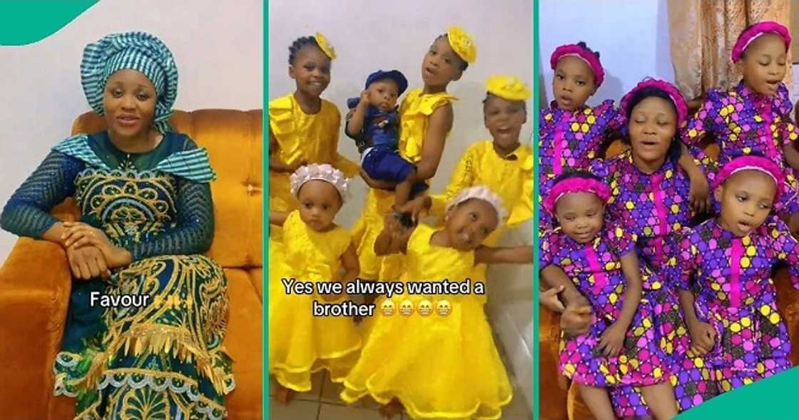 Five girls dance happily with their baby brother. Five girls dance happily with their baby brother.