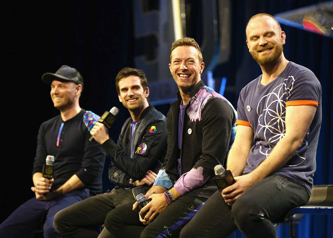 Musicians Jonny Buckland, Guy Berryman, Chris Martin and Will Champion of Coldplay at the Pepsi Super Bowl Halftime Press Conference Musicians Jonny Buckland, Guy Berryman, Chris Martin and Will Champion of Coldplay at the Pepsi Super Bowl Halftime Press Conference