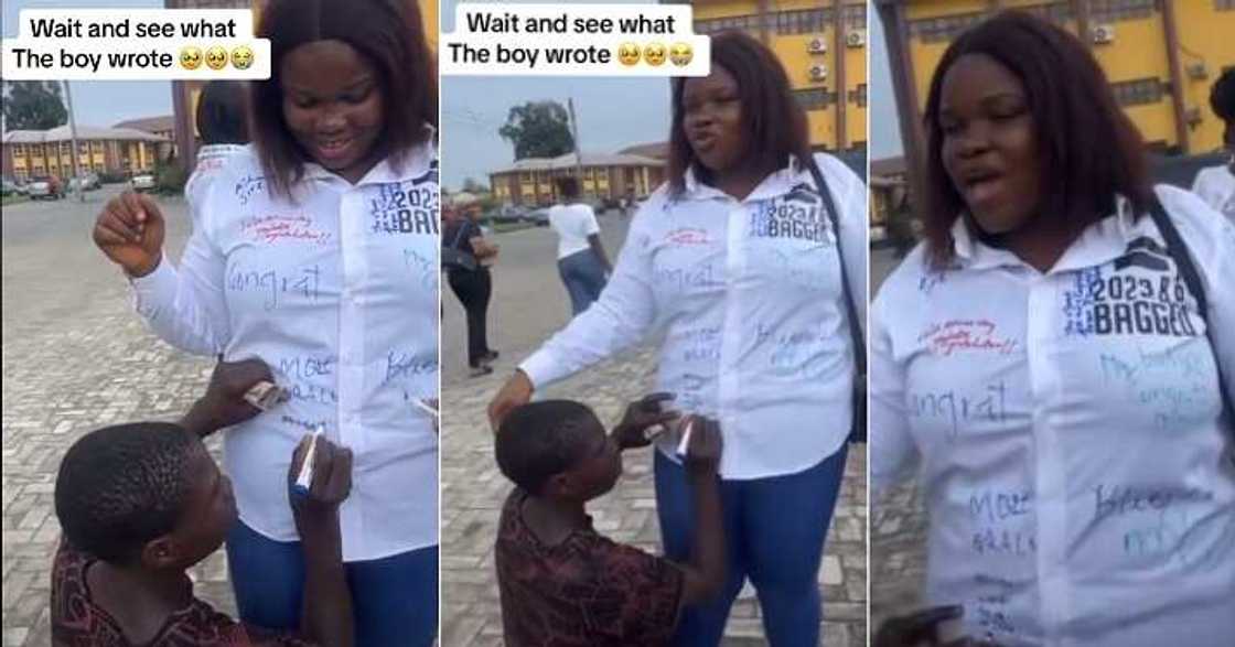 Pure water seller writes on lady's sign-out shirt