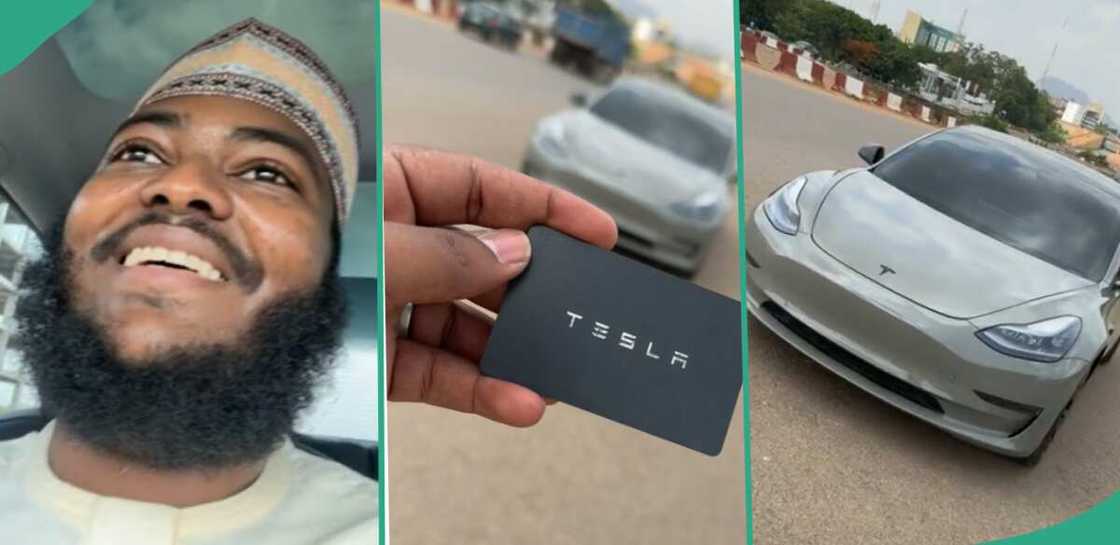 Man driving a Tesla car. Man driving a Tesla car.