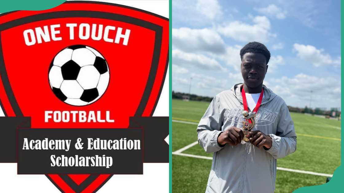 One Touch Football Academy logo and a student showing his medal One Touch Football Academy logo and a student showing his medal