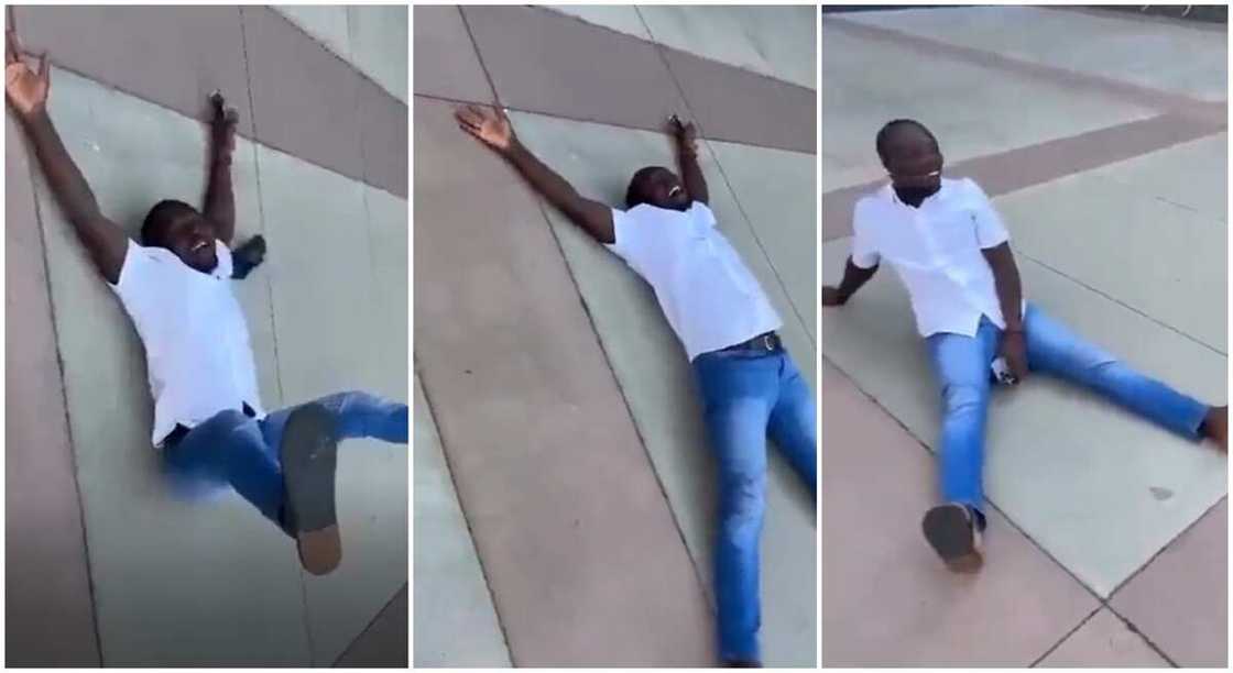 Photos of a Nigerian man lying on the ground to celebrate his arrival in Canada. Photos of a Nigerian man lying on the ground to celebrate his arrival in Canada.