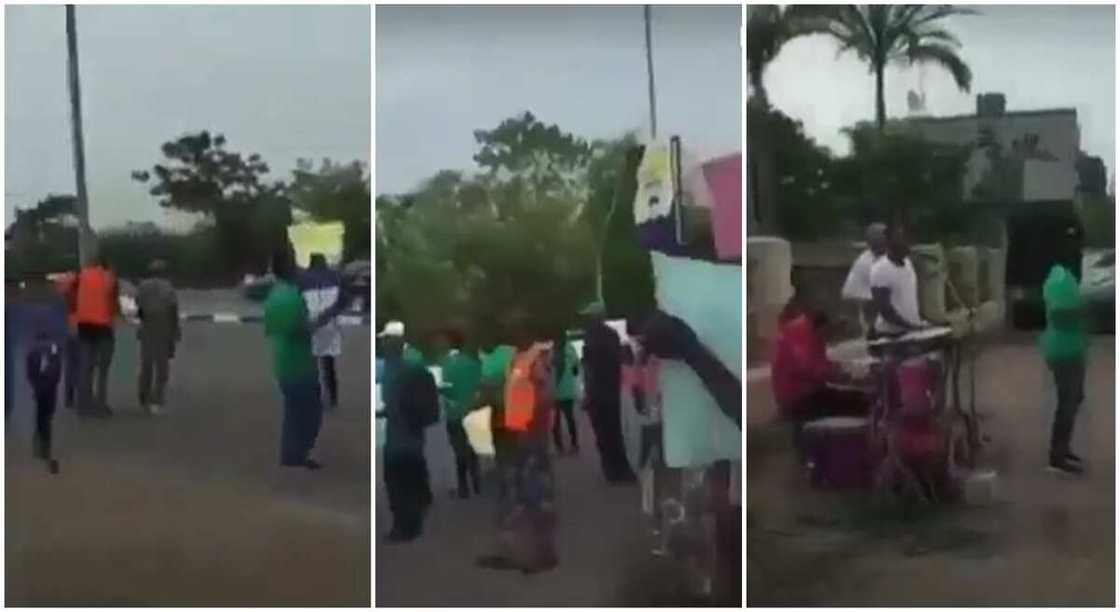 Nigerian man organises live band in front of a commercial bank for debiting him wrongly. Nigerian man organises live band in front of a commercial bank for debiting him wrongly.