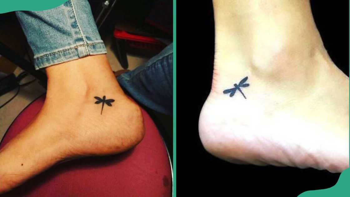 Tiny dragonfly ankle tattoo