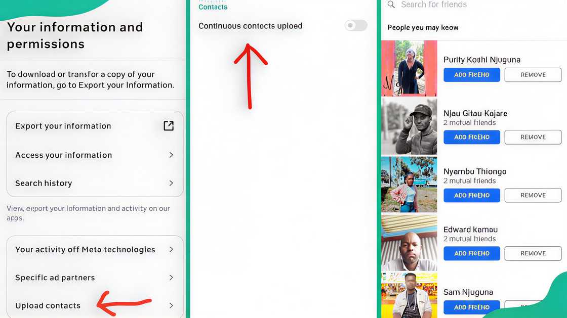 A screenshot of steps of finding a Facebook account using synched contacts