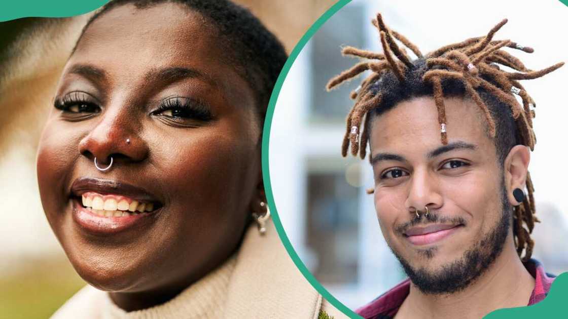 A young man (R) and woman (L) with nose septum piercings A young man (R) and woman (L) with nose septum piercings