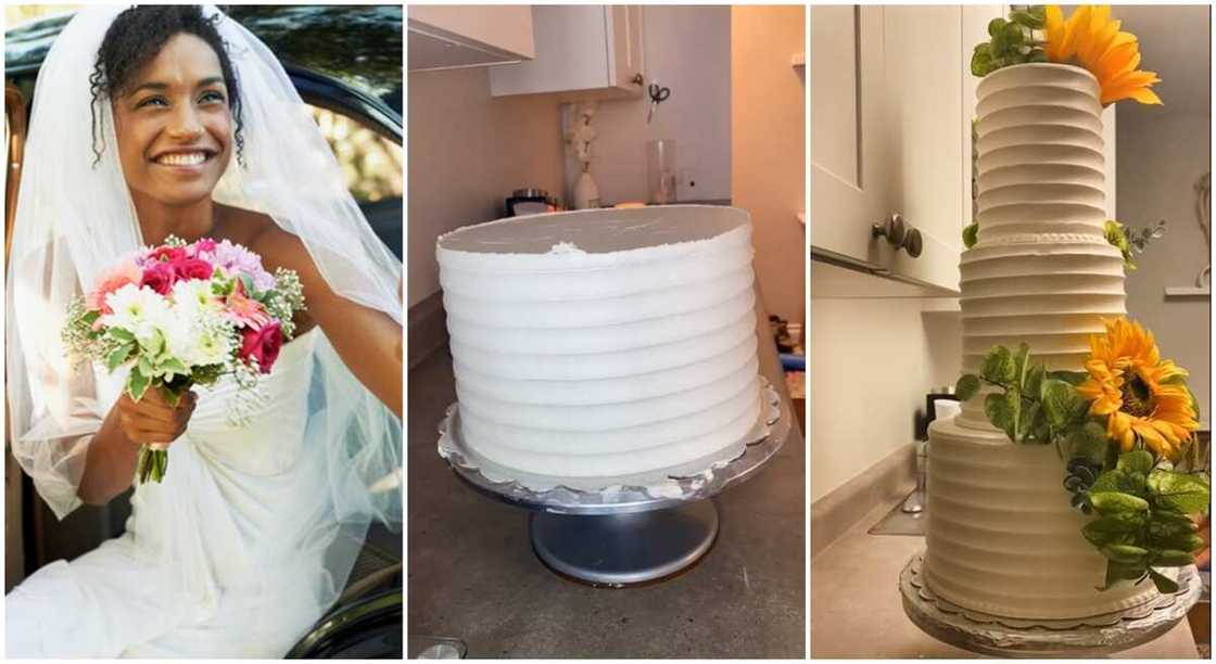 Beautiful black bride smiling and photos of wedding cake. Beautiful black bride smiling and photos of wedding cake.
