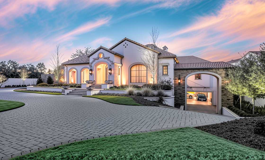 A Mediterranean style mansion pictured against a dusk sky. A Mediterranean style mansion pictured against a dusk sky.