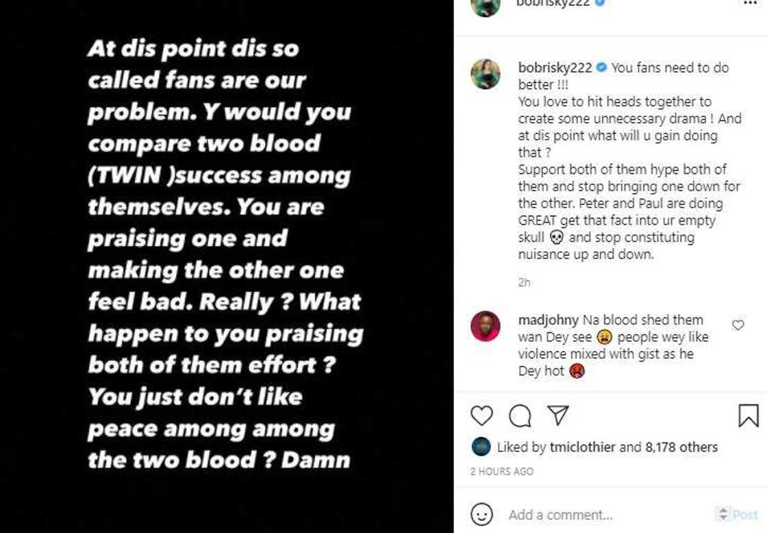 Screenshot of Bobrisky's post about Psquare. Screenshot of Bobrisky's post about Psquare.