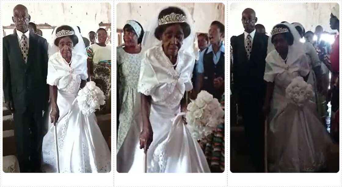 Photos of an old woman going to the altar in wedding gown. Photos of an old woman going to the altar in wedding gown.